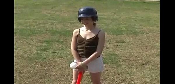  Innocent teen Kitty playing softball outdoors